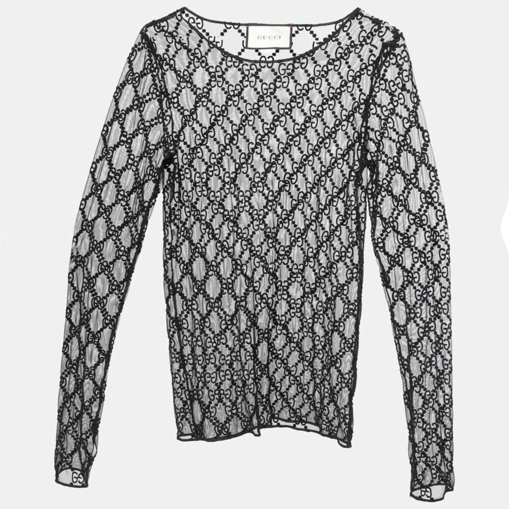 Gucci Black Gg Embroidered Tulle Long Sleeve Sheer Top S